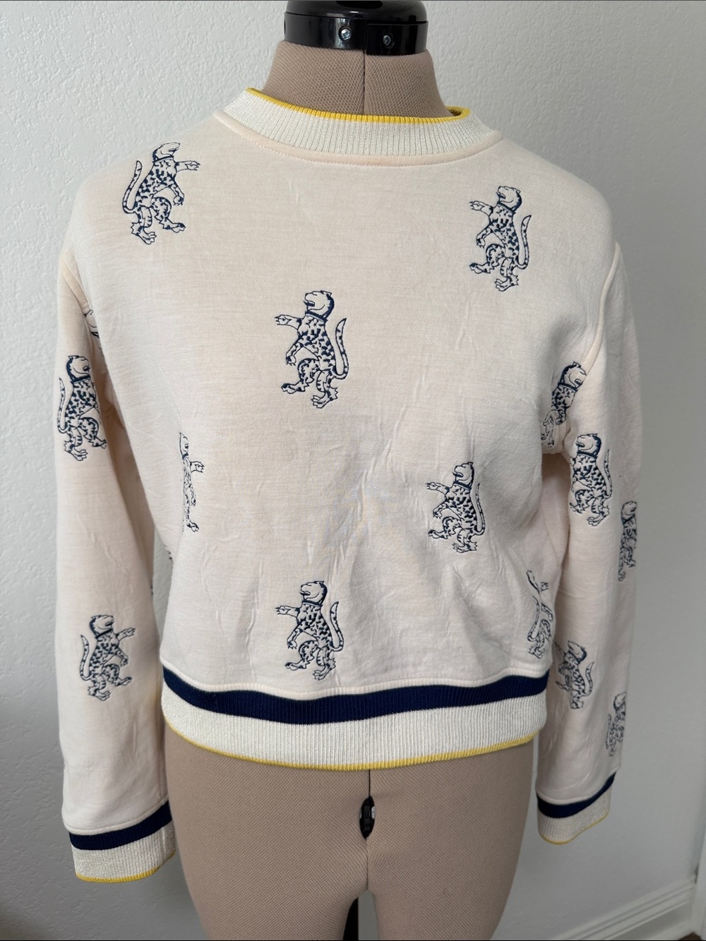 Maje Cream Crewneck Sweater with Navy Leopard Embroidery and Yellow Trim